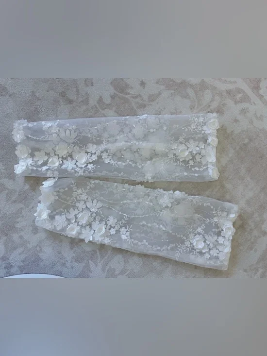 Sheer White Floral Appliqué Lace Sparkle Detachable Bridal Sleeves XL - Picture 1 of 6